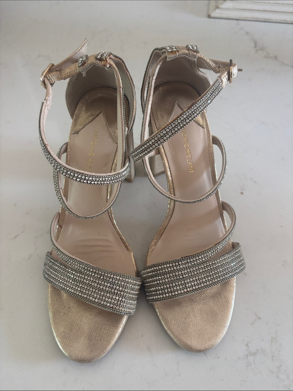 ANTONIO MELANI Gold Crystal Strappy Heels